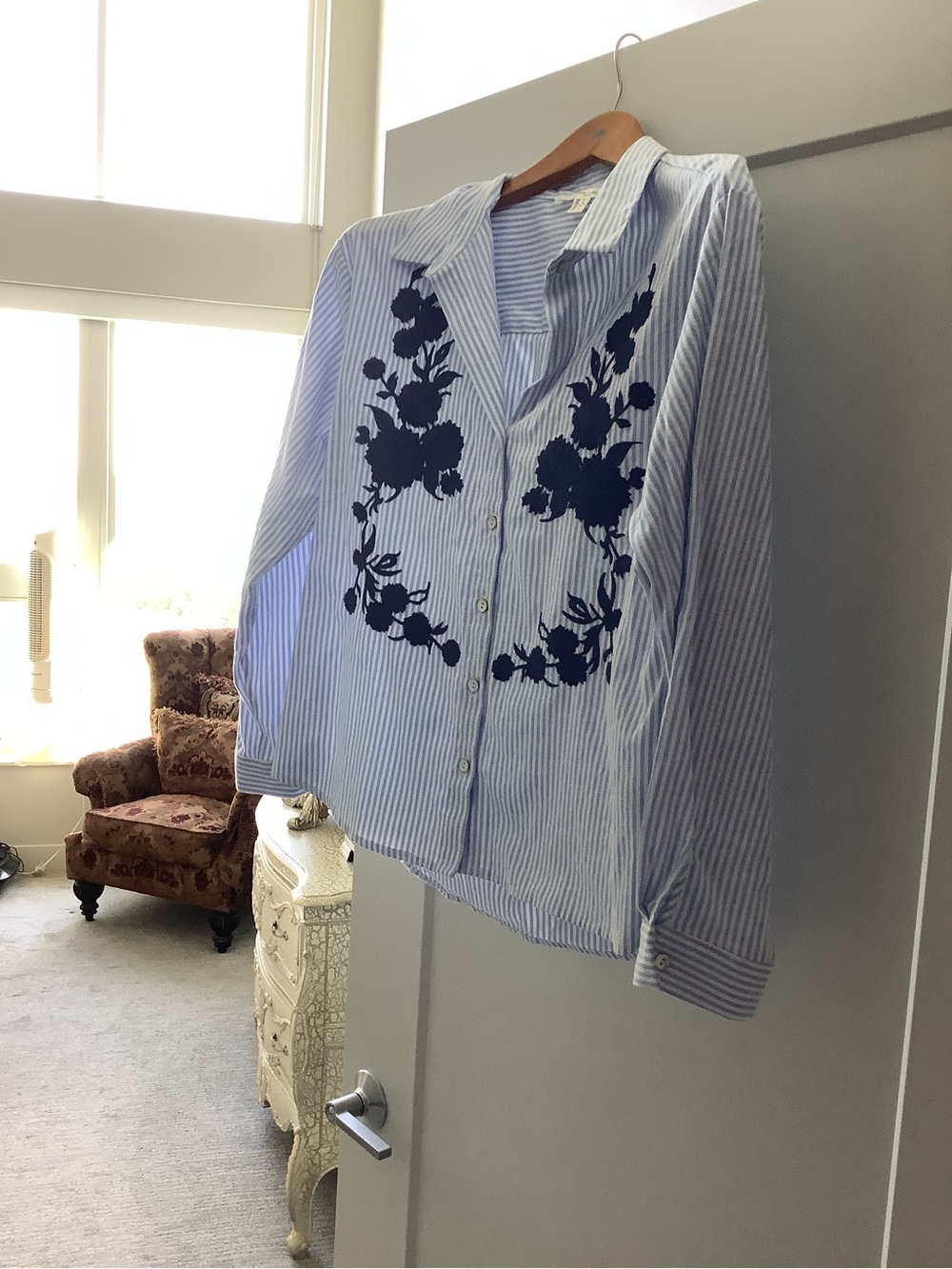 Striped Button-Down Shirt with Navy Floral Embroidery